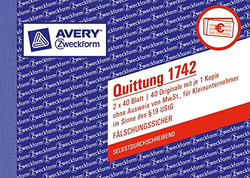 AVERY Zweckform 1742 Quittungsblock Kleinunternehmer (A6 quer, 2x40 Blatt, mit Durchschlag, fälschungssicher, ohne MwSt., für Deutschland und Österreich) weiß/gelb (10er Pack | ohne MwSt)