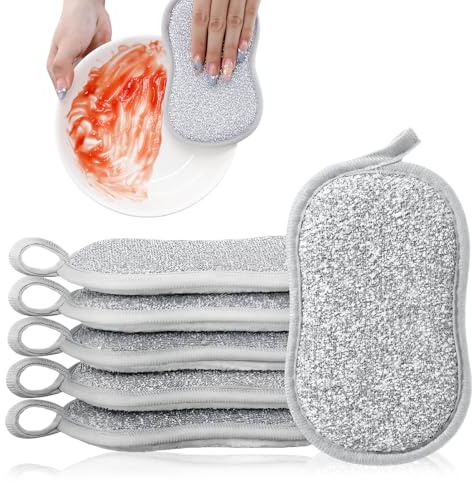 Ruvan 6 Piezas Estropajo Cocina, Estropajos Cocina Reutilizables De Doble Cara, 16×9×1.5 Cm Esponja De Limpieza Reutilizable De Microfibra, Para Cubiertos, Baño, Cristal (Gris)