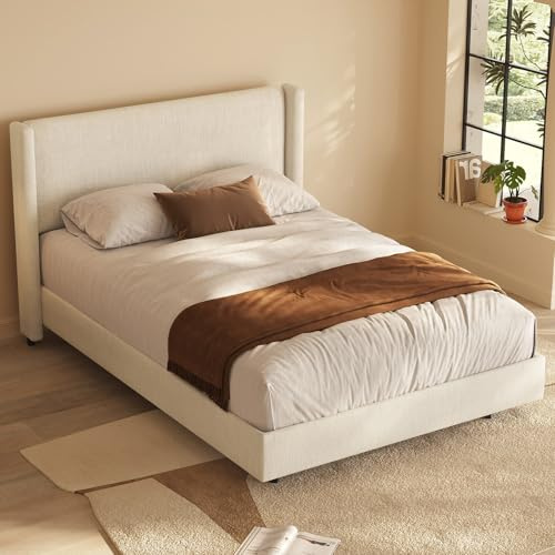 Guyii Modernes Polsterbett 140x200 cm mit Kopfteil, Stoffbezug in Leinenoptik, skandinavisches Doppelbett, stabiles beige Bettgestell gepolstert, Komfortables Design für Schlafzimmer (kleine Größe)