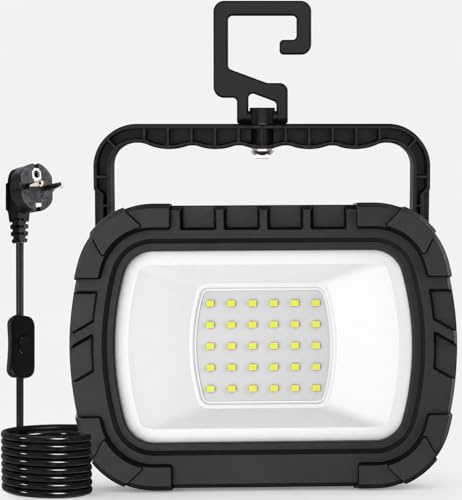 CORESLUX LED Baustrahler, 30W LED Arbeitsleuchte mit Haken, Flutlicht Baulampe mit Stecker und 1.8M Kabel, 6500K Tragbar Baustrahler für Werkstatt oder Baustelle,Garage