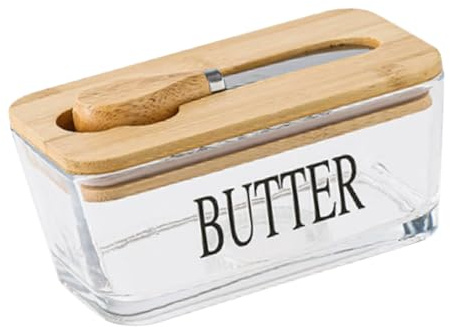 TIKATARER 500ml Glass Butter Dish with Lid and Knife, Airtight Butter Keeper Holder Tray, Portable Ceramic Cheese Storage Container, Ideal for Countertop & Refrigerator (Nature Wood Color)