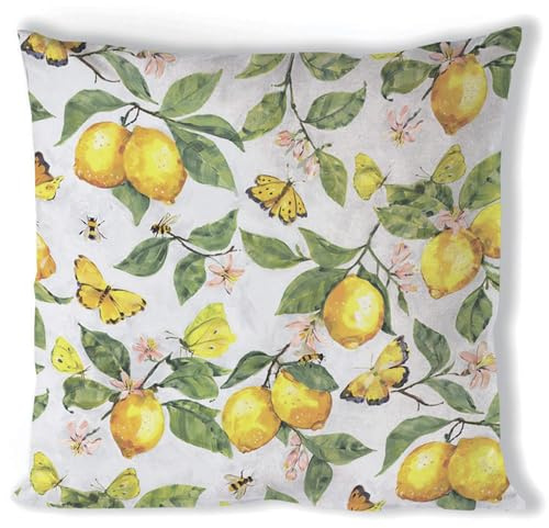 Ambiente Kissenbezug 40x40cm Baumwolle mit Zitronen & Schmetterlingen - Deko Kissenhülle mit Reißverschluss - Überzug für Dekokissen Zierkissen Sofakissen - Kissen Bezug Gelb Grün