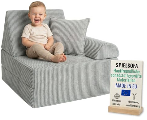 Pillows24 Kindersessel & Spielsofa fur Kinder Cord mit abnehmbaren Bezügen | Waschbare Bezüge, Weiches Kindersofa, Bequeme Kinder Couch, Ergonomisches Spielsofa für Kinderzimmer, Hellgrau