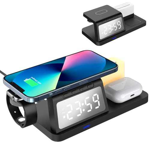 BRILLESS 5 in 1 Wireless Charger Stand with Digital Clock & Night Light, 15W Fast Charging Station Compatible with iPhone, Android Samsung, Qi-Enabled Devices, Type-C Powered