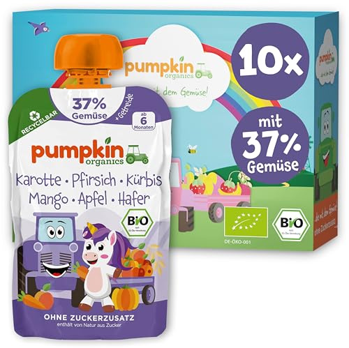 Pumpkin Organics Bio Gemüse-Quetschie mit Hafer ohne Zuckerzusatz¹ 10x100g | Bio Gemüse-Getreide-Quetschie mit Einhorn, 37% Gemüse, weniger Fruchtzucker, ab 6 Mo; idealer Beikost- bis Schulsnack