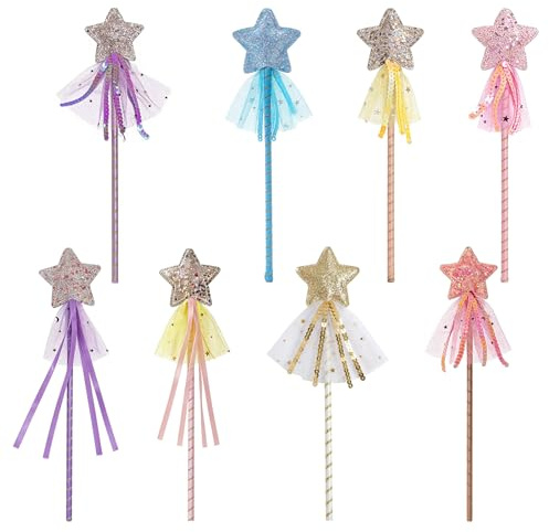 Gkhlg 8 Pack Princess Wand Sparkling Star Wand Fairy Wand with Sequins Tulle Ribbon Elegant Shimmer Magic Wand for Dress Up Role Play Birthday Party Wedding Festival and Costume Decoration