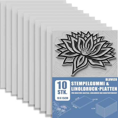 10 Stück Linolplatten Schnitzblöcke aus Stempelgummi: 15 x 10 x 0,6 cm | Weiche Schnitzblöcke für DIY Linoldruck, Linolschnitt & Linocut, für Anfänger, Profis und kreative Bastelprojekte, Grau