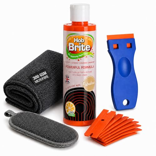 Hob Cleaning Kit with Hob Brite 250 ml, Scraper, 10 Replacement Blades, Microfibre Cloth and Non Scratch Scouring Pad - Suitable for Ceramic, Induction, Electric, Halogen and Glass Cooktops