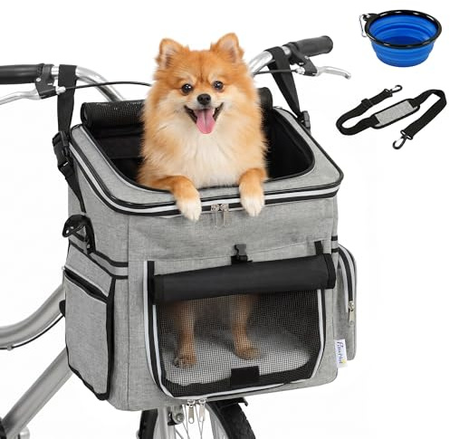 PawHut Hundekorb Fahrrad Vorne, Tragbarer Atmungsaktiver Hundefahrradkorb mit Sicherheitsleine Weichem Kissen Mesh-Türen Schüssel Fahrrad Lenkerkorb für Kleine Hunde und Katzen bis 5kg Hellgrau