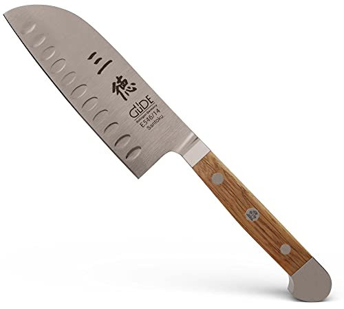 GÜDE Solingen - Santoku Messer mit Kulle geschmiedet, 14 cm, Fasseichenholz, ALPHA FASSEICHE, Doppelkropf, Handmade Germany, Eichenholz