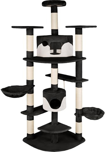 tectake® XXL Kratzbaum für Katzen, Katzenkratzbaum groß, mit Zubehör Katzenspielzeug Kordel, Liegemulde, 2X Katzenhöhle, Katzenbaum mit Kratzsäule aus Sisalseil, deckenhoch - schwarz/Weiss