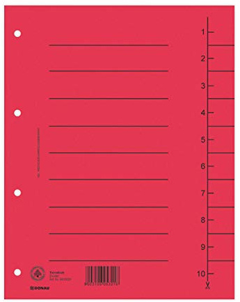 DONAU 8610001-04 100-pack skiljeblad, färg: röd/kartongregister, överdimensionerat, tillverkad av återvunnen kartong 250 g/kvm med linjetryck för DIN A4, 4-fack, perforering, skiljeflikar, mapp,