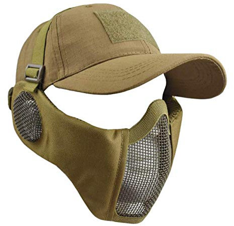 WLXW Demi-Masque Facial - Masque en Maille Airsoft avec Protection Auditive Et Ensemble De Casquettes De Baseball Réglables pour Airsoft/Paintball/BB Gun/CS Game/Chasse/Tir,Tan