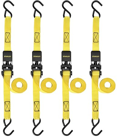 STANLEY S9500 Lot de 4 Sangles à cliquet Noir/Jaune de 2,5 cm x 3 m – Cargo léger (Charge de Travail de 136 kg/résistance à la Rupture de 408 kg)