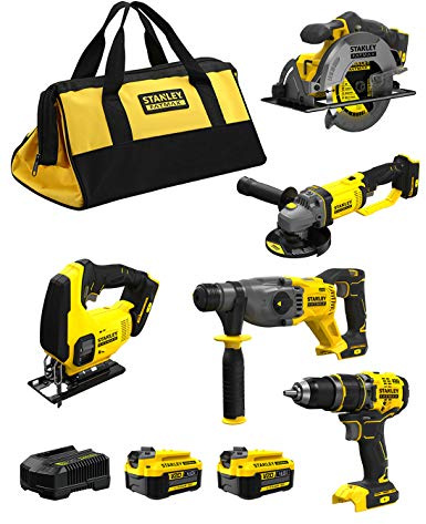 STANLEY FatMax Kit SVK20524A (Schlagbohrschrauber SFMCD721 + Kombihammer SFMCH900 + Handkreissäge SFMCS500 + Stichsäge SFMCS600 + Mini-Schleifer SFMCG400 + 2 Baterías 4,0 Ah + Ladegerät + Tasche XL)