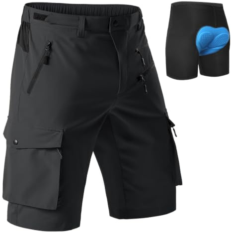 Hiauspor MTB Hose Herren Kurz Gepolstert: Atmungsaktiv Schnelltrocknend | 2 in 1 Konzept, Abnehmbares 3D-Pad, 5 Taschen mit Reißverschluss, Radhose Herren Kurz, 4-Wege-Stretch,Reißfest