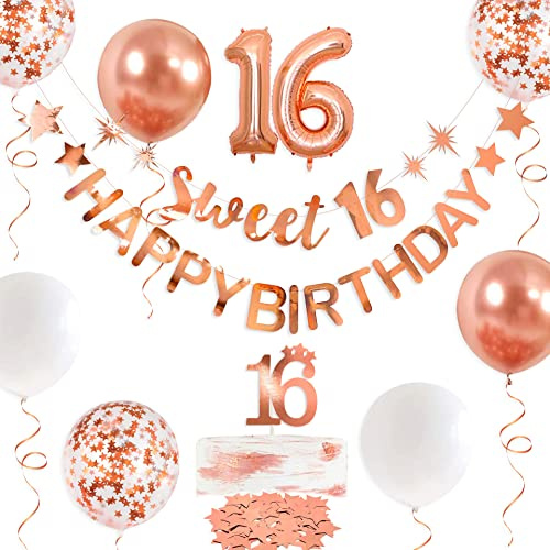 Rotgold Sweet 16 Happy Birthday Banner Girlande für süße 16 Dekorationen Hängende süße 16 Schilder für Mädchen 16. Geburtstag Party Dekor 16. Happy Birthday Party für Sweet Sixteen Party Supplies