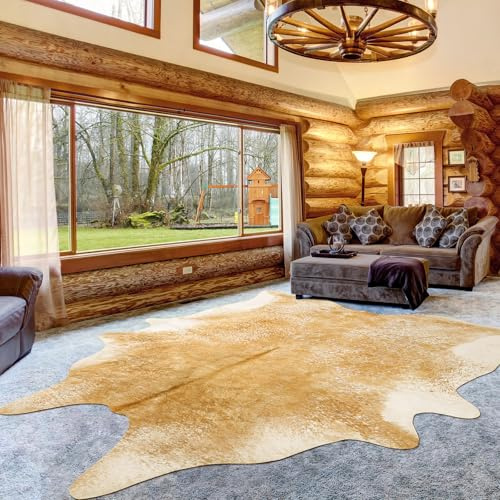 Rtizon Tapis en peau de vache lavable pour salon, grand tapis antidérapant imprimé vache pour chambre à coucher, bureau, cuisine, cheminée, kaki