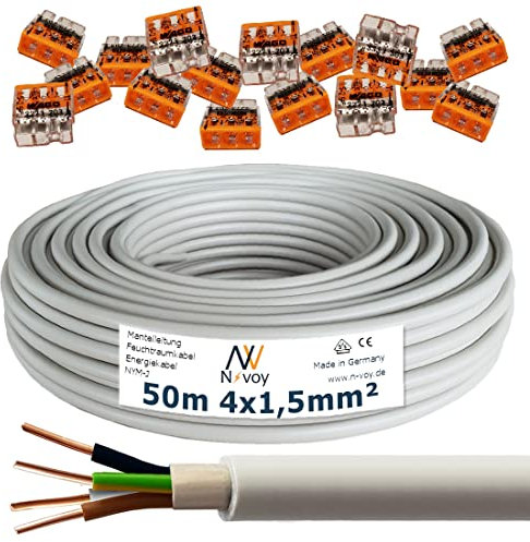 NYM-J 4x1,5 mm² 50 m Installationskabel Mantelleitung mit 16 Stück WAGO Klemmen M102