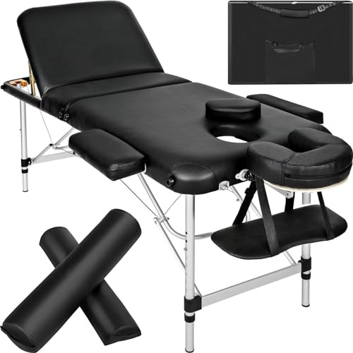 tectake® Lettino Massaggio Portatile, 3 Zone, in Alluminio, Gommapiuma, Rivestimento in Pelle Sintetica PVC, Regolabile - lettino fisioterapia, Lettino pieghevole, Lettino Estetista, 210x95cm - nero