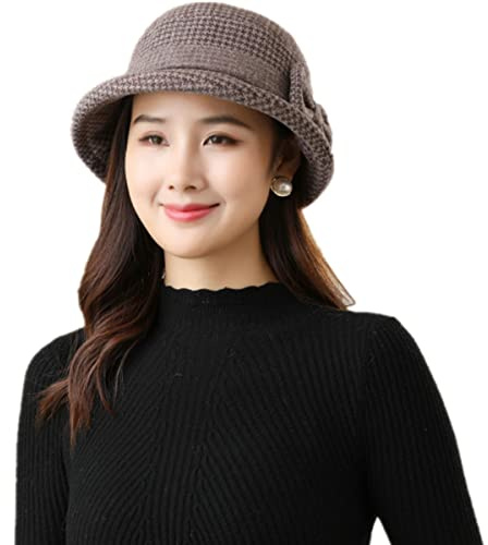 Damen Winter Wollfilz Mütze Vintage Cloche Hüte Derby Kleid Hüte Klassisch Fedora Hut Bowler Kirche Hüte Fischerhut Herbst Eleganter Breite Krempe Schlapphut mit Schöner Fliege für Mädchen Frauen