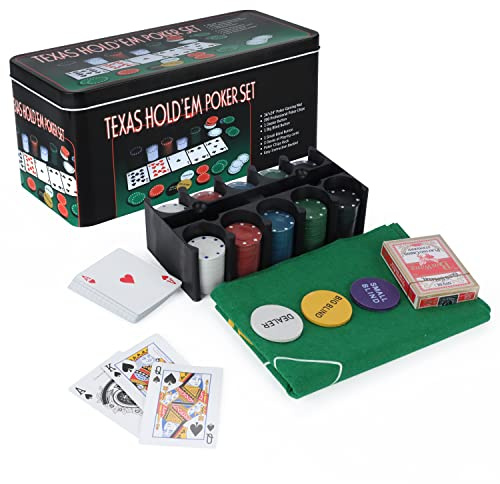 SILVER VALLEY 200 Piece Poker Set Casino Style Game Texas Hold'em Poker and Blackjack Game with Felt Double Side Mat, Chips, Chip Deck, Playing Cards and Metal Tin Gift Box