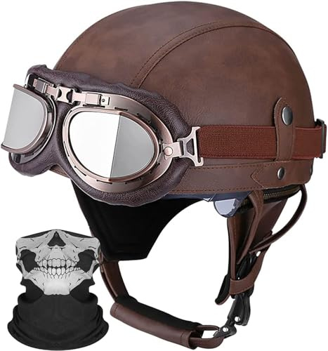 Deutschen Retro Motorrad PU Leder Helm Open Face Motorradhelm mit Schutzbrille ECE-Zulassung Motorradkreuzer-Rollerhelm im Scooter Mofa-Helm Vintage Jethelm für Herren Damen Dark Brown,L