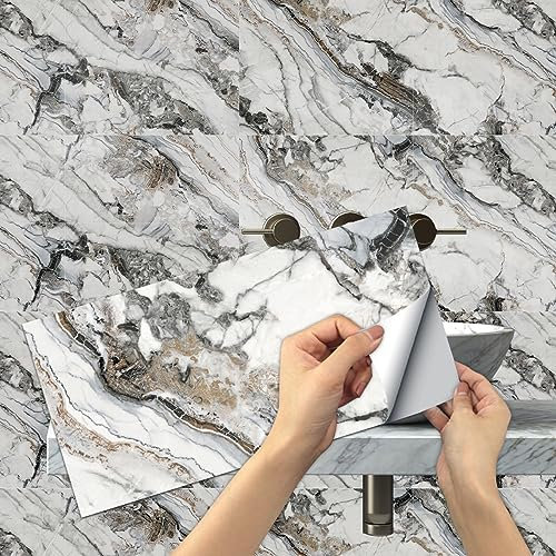Fliesenaufkleber Beige Grauer Marmor Klebefliesen Wasserfest Fliesenaufkleber Bad Vinyl Küchenrückwand Selbstklebend Fliesenaufkleber Küche Deko Fliesenfolie 36 Stück/15x30cm