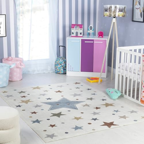 Livabliss Sterne Kinder waschbar - Cartoon 120x170 cm, Waschbarer Kinderzimmer oder Babyzimmer, Krabbel oder Spiel - Babymatte für Jungen & Mädchen, Creme und Blau