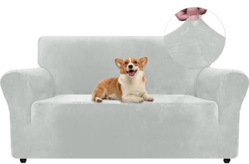 Ystyle Elastischer Samt Sofabezug 2 Sitzer, Splittergrau | Stretch Sofa Überzug, Sofaschoner Rutschfest, Couch Überzug, Sofa Cover mit Armlehnen, Sesselschoner Sofaschutz Katze