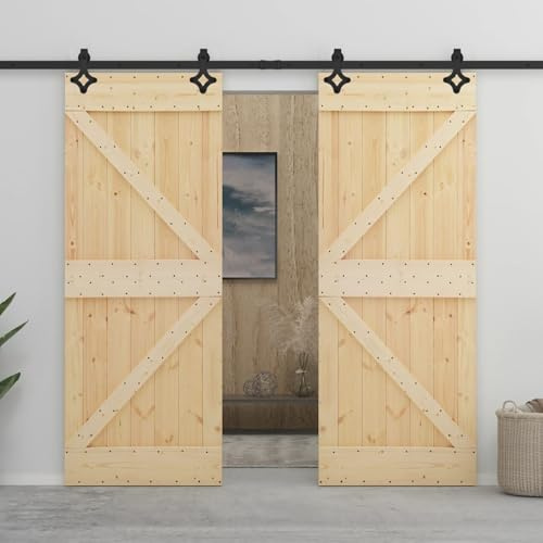Gecheer Set 2 Porte Scorrevoli,con Kit Binario,con Ferramenta,in Legno di Pino,80x210 cm,Porta del Granaio Sorrevole con Kit Binario,Porta con Set di Montaggio,Porta Scorrevole con Set Hardware