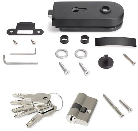 Emuca - Serratura per porta in vetro con telaio, Cilindro con chiavi, per porta in vetro 8-12mm, acciaio e alluminio, verniciato nero