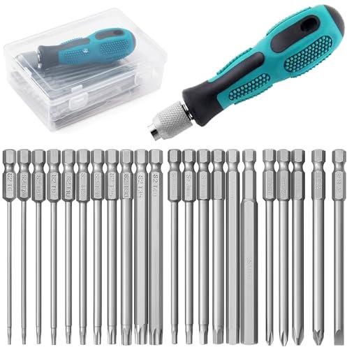 YUHIAKE 22 Stück Bit Set Lang Mit 1/4 Zoll Magnetischem Handhalter, Schraubendreher Satz, Torx T6-T40, Hex H2,5-H8, PH1, PH2, PZ2, Schlitz, Länge 100mm