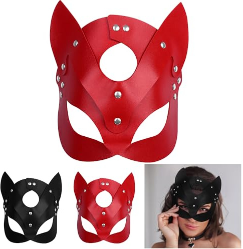Jiusely Leather 2 pack Cat Mask, Half Face Masquerade Mask, Half Face Eye mask,Cosplay Costume Props Halloween Party Mask,Adjustable head size