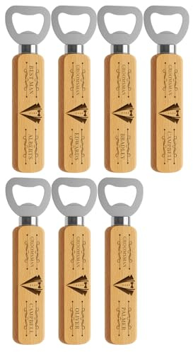 7 piezas de botellas de madera personalizado, regalo para padrinos de boda, despedida de soltero, regalos grabados para padre, abuelo, patrones y texto personalizados. Abrebotellas con mango de madera