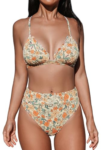 CUPSHE Damen Bikini Set V Ausschnitt Wellenkante High Waist Bikini Triangel Blumenmuster Texturierte Bademode Zweiteiliger Badeanzug Swimsuit Gelb/Blumenmuster M