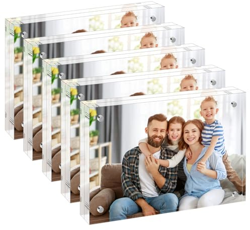 XINANDE 5x7 Acrylic Picture Frames 5 Pack, 10+10MM Premium Acrylic Photo Frame Magnetic Picture Frames Clear Double Holder-Sided, Free Standing Desktop Display, Best Gift for Family, Baby, Friend