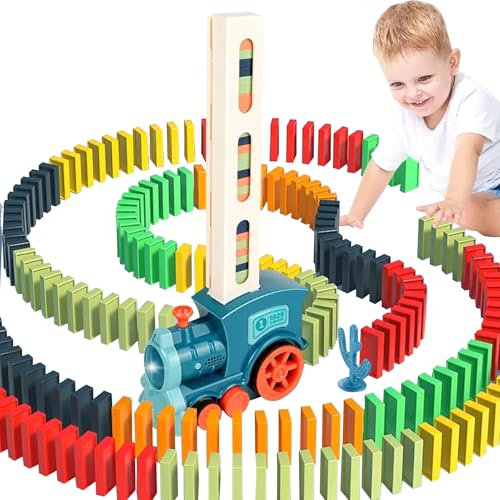 HIUOUIH Domino Zug Set 60 Stück Dominosteine Spiel Automatischer Domino-Zug mit Ton Baustein Spielzeug für Jungen und Mädchen, Blau