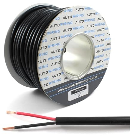 Automotive Round Twin 2 Core Cable 12v 24v Thin Wall Wire (16.5 AMP Rated 1mm²) 10/30/50/100 Metre (10M Coil)