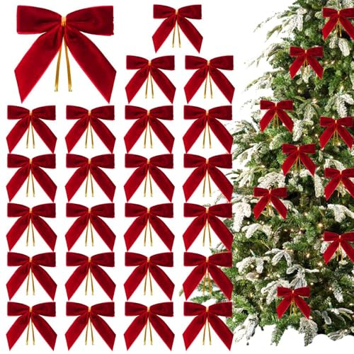 24 Piezas Lazos para Árbol De Navidad, Lazos De Terciopelo Rojo para Árbol De Navidad, Adornos De Lazos Navideños, Cinta De Terciopelo Vintage, Adornos De Lazos Rojos para Decoraciones Navideñas