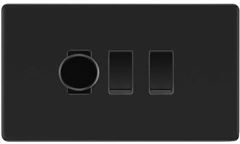 BG Screwless Flatplate Matt Black 3 Gang Grid Switch 1x Trailing Edge LED Dimmer 2x 2 Way