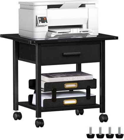 LELELINKY Druckertisch mit Rollen, Mobiler 2-Etagen Druckerständer mit Schublade, Druckerregal mit Arretierbaren Rädern, Druckerwagen mit Stahlrahmen, Rolltisch für Haus und Büro, 51 x 40 x 46.5 cm