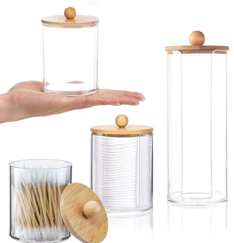 HUSOUE Cotton Pad Holder, 3 PCS Cotton Bud Holder Cotton Pad Dispenser Makeup Pad Holder Bud Organiser with Wooden Lid for Storage Swab Pads Floss