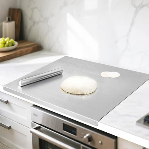 Planche à découper en acier inoxydable 304 - 50 cm x 50 cm - Robuste - Avec rouleau à pâtisserie - Protection de plan de travail en acier inoxydable - Pour pétrir le pain, la pâte, la viande, les