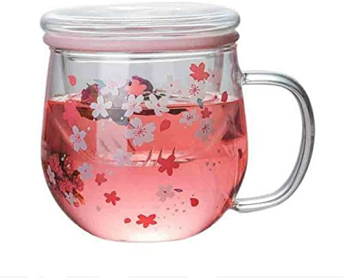 Pqahffowr Tasse en verre avec infuseur à thé, filtre et couvercle en fleurs de cerisier, tasse à thé 300 ml