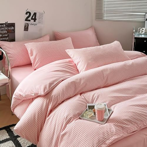Covebett Housse de Couette 220x240 à Carreaux Vichy Rose Réversible Parure de Lit Adulte 2 Personnes Housse Couette en Microfibre Linge de lit avec Fermeture Éclair et 2 Taies d'oreiller 65x65cm