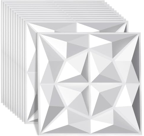 Yugodex 3D Wandpaneele, 3D Wandverkleidung Paneele, 3D Wall Panels, Wanddeko Platten, Wasserfest, Hitzebeständig, aus Hochsteifes PVC - 30 x 30 cm, Diamant Weiß, 12 Stück (1.08 m²)
