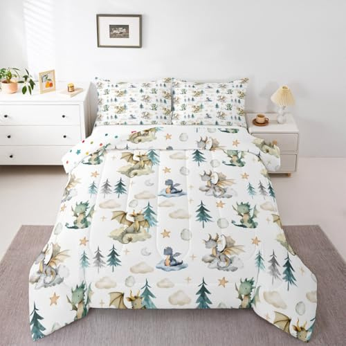 Feelyou Cute Dragon Kids Comforter Set Twin Size Baby Dragon Bedding Set Kawai Cloudy Duvet Quilt for Kids Boys Girls Tree Botanical Bedroom Decor Light Blue White Microfiber Ultra Soft