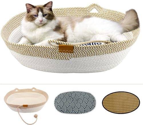 Pet Beds for Cats, Cat Beds for Indoor Cats 19.69×13.78×6.30,Cotton Rope Oval Cat Bed for All Seasons (with Cooler Straw Mat and Cotton Mat Both), Suitable for cats＆dogs (Yellow-white, Medium)