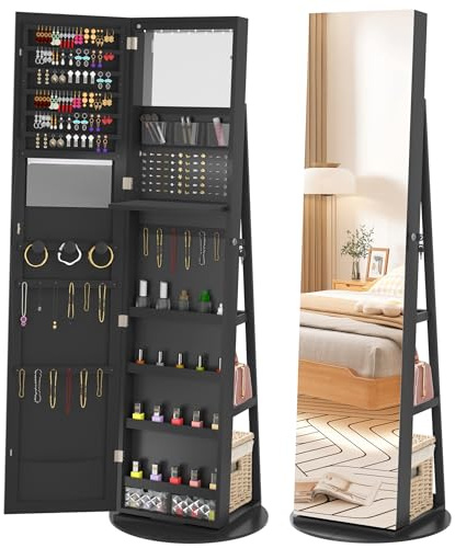 Suusolny Schmuckschrank mit Innenliegendem Schminkspiegel Standspiegel Spiegelschrank 360° drehbar Schmuckaufbewahrung abschließbar mit Schlüssel Stehender Schmuckorganizer für Schmuck - Schwarz